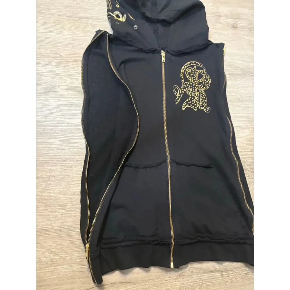 Vintage Y2K Men's Retribution Sleeveless‎ Full Zip Hoodie M Gold Rocker Glam